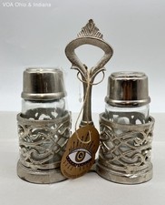 Handcrafted in India Lattice Silver-tone Metal Glass Salt Pepper Shaker Set 3pc