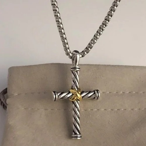DAVID YURM CABLE CROSS STERLING SILVER & 18K YELLOW GOLD PENDANT NECKLACE 20”
