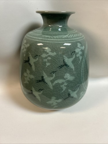 Vintage Celadon Korean Vase Cranes and Clouds and Signed