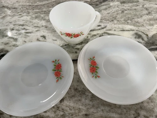 Fire King Rose Design 1 Teacup 2 Plates Anchor Hocking Vintage Milk Glass USA