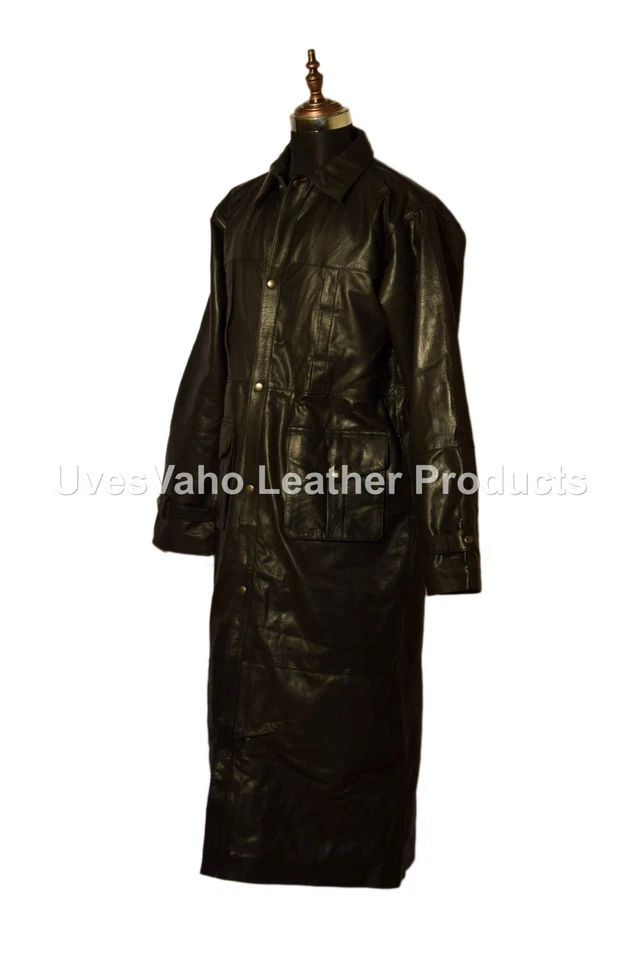 Manteau Trench Long En Cuir Véritable Noir Pour Homme Vintage - Photo 2/4