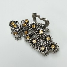 Butterfly Flowers Hair Claw Clip Silver Metal Yellow Crystal Rhinestones