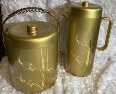 Mcm Otagiri Gold Bamboo Lacquerware Ice Bucket W/Coil Handle Tongs Pitcher Lids