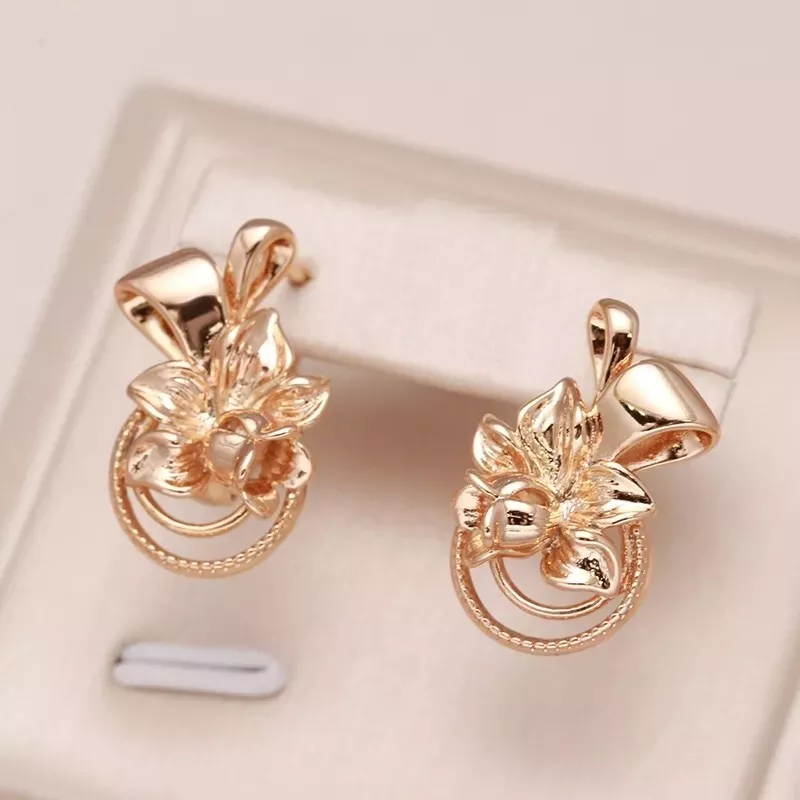 Glossy long drop Women Earrings 585 Rose Gold Metal Flower Girl Jewelry  Wedding