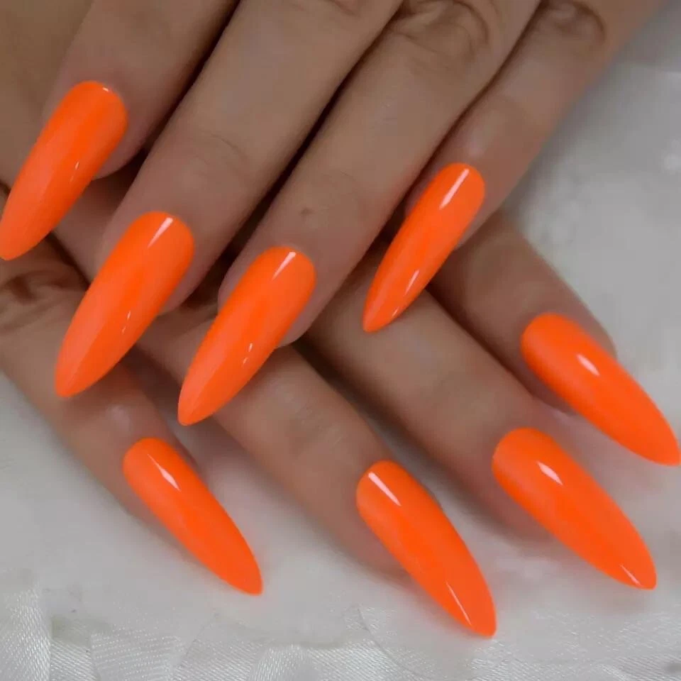 Bright Orange Long Stiletto Press On Nails Fake False Glue On 24 Pc Set  Fashion