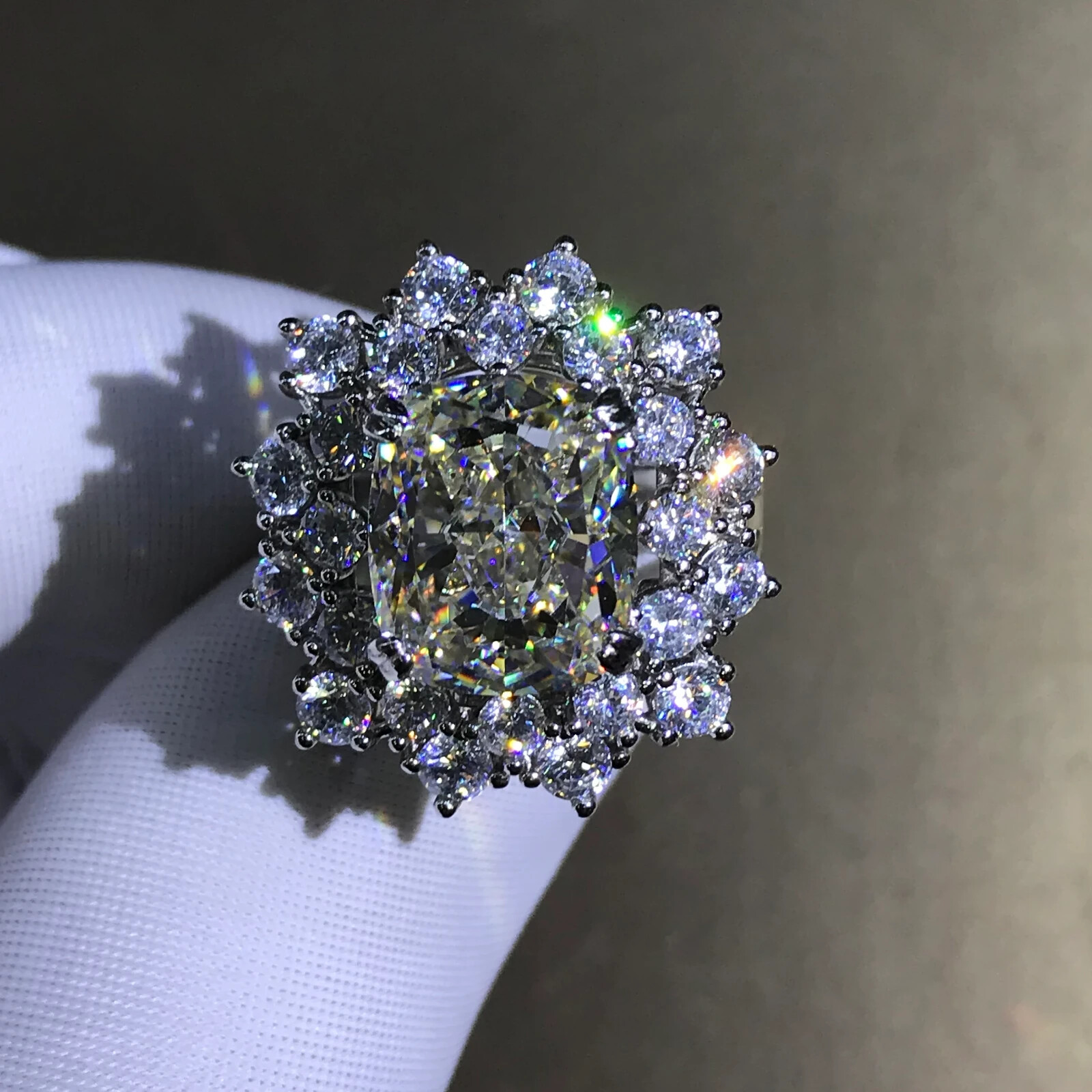 6 Carat Cushion Cut Moissanite Double Halo Starburst Ring in 10K Gold