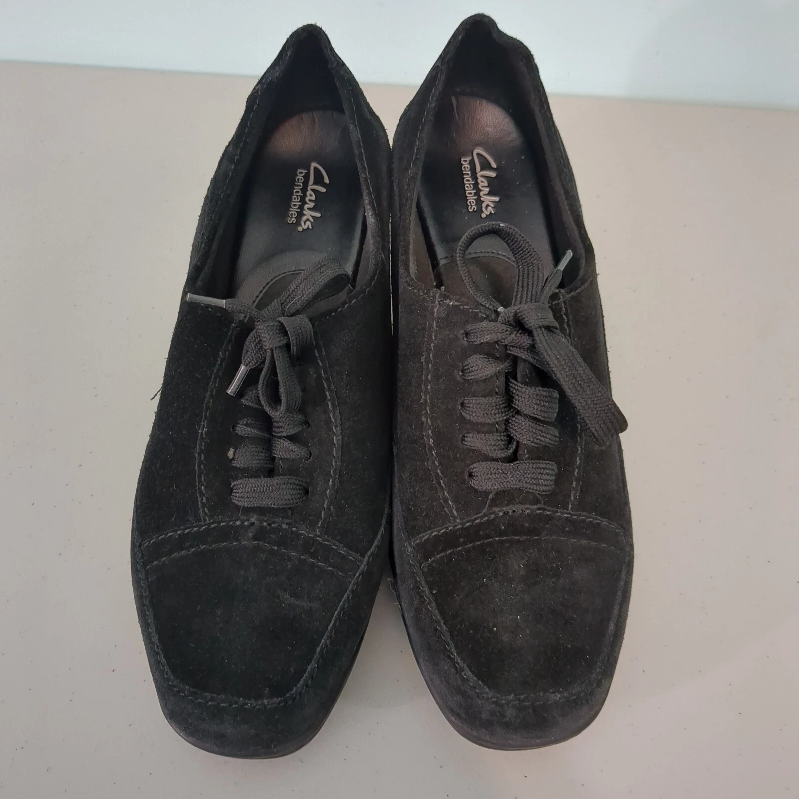 Scarpe Clarks scamosciate tacco pin up Oxford nere stringate pelle donna 7 5