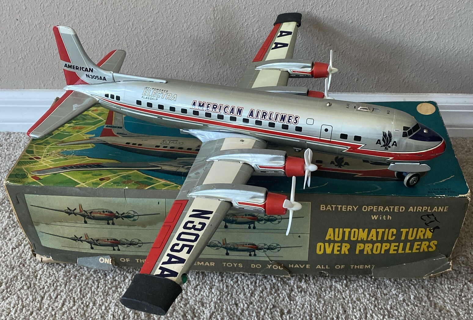 1950's LINEMAR Large AMERICAN AIRLINES Battery Op Metal Toy Airplane With Box eBay