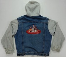 Rare VTG Looney Tunes Bugs Bunny Daffy Taz 1993 Hoodie Denim Jean Jacket 90s L