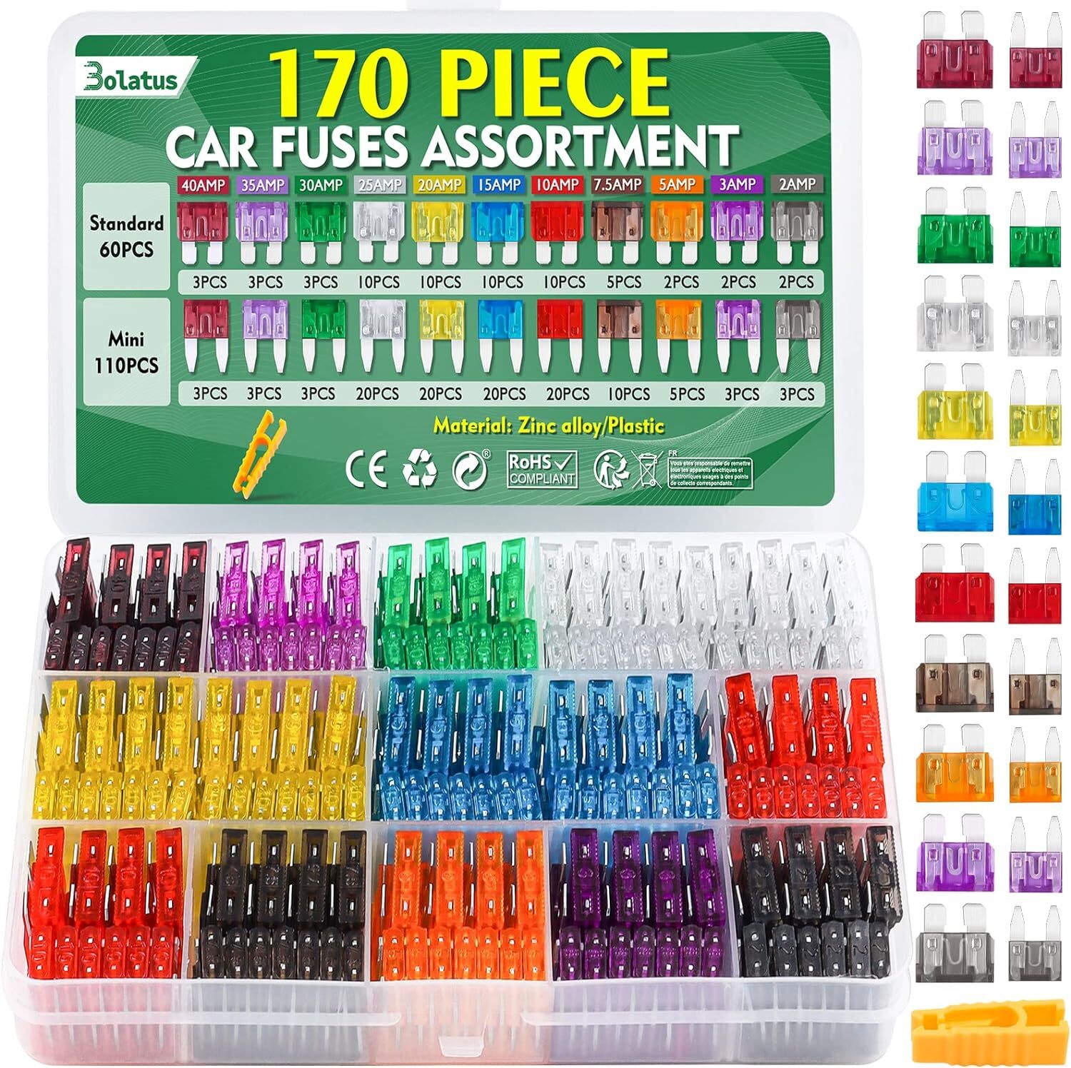 Bolatus 170Pcs Fusibili Auto Kit, 60 Fusibile Auto Medio+110 Fusibile Mini + Est