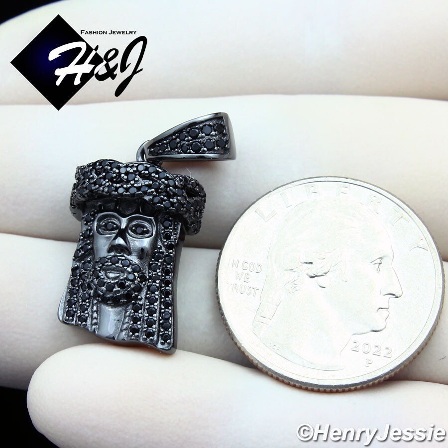 MEN 925 STERLING SILVER ICY CZ GOLD/BALCK PLATED 3D JESUS FACE PENDANT ...