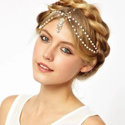 Gold White Chain Rhinestone Hair Arabian Head Piece Jewellery UK - Main Image