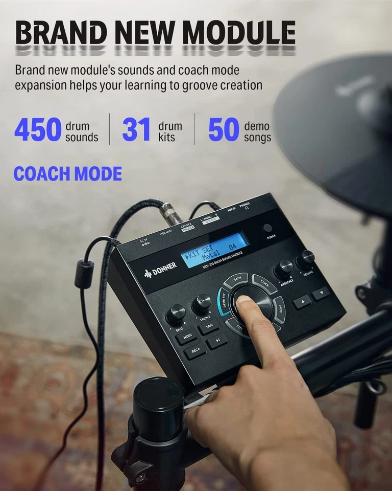 Donner DED-200 Electric Drum Kit Set Quiet Mesh Pads Dual Zone Snare With Throne - Image 2 of 4