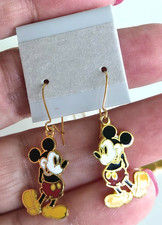 Vintage Disney Mickey Mouse Enamel Gold Tone Dangle Pierced Earrings 1-3/8"