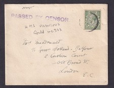 GB Navy WW1 cover Passed By Censor HMS Victorious Gould 4C323