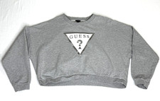 GUESS Triangle Spellout Logo Cropped Gray Crewneck Preppy Sweatshirt Sz L