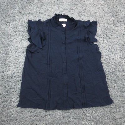 CeCe Shirt Womens Large Navy Button Down Pintuck Ruffle Sleeve Blouse NWT