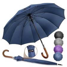 Large Stick Umbrella With Wood Hook Handle 55 Inch, Navy Blue-12 Ribs