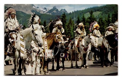 Native American Chiefs on Horseback Vintage Color Photo Postcard