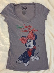 Disney Grey Christmas Mickey Mouse T-shirt Top Slim Fit Sz S Euc Stretch Logo