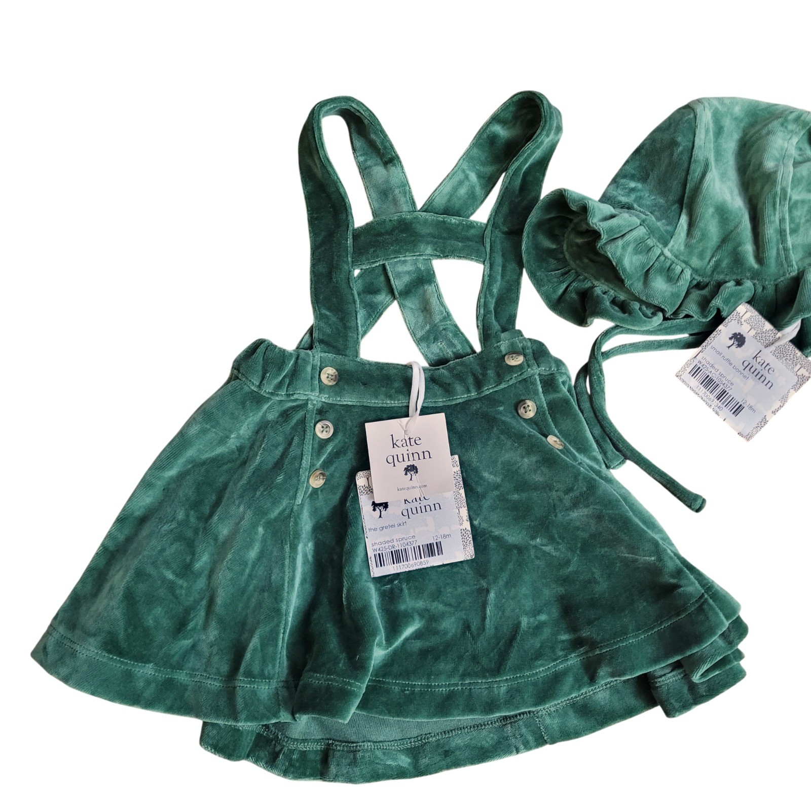 Kate Quinn Gretel Suspender Skirt & Ruffle Bonnet Set Green Velour 12-18M NWT