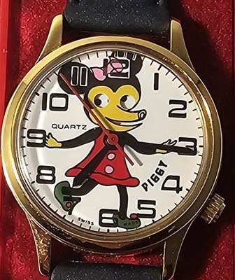 Rare Vintage Disney Piggy Character Watch Swiss Made Gold Tone Quartz Wristwatch
