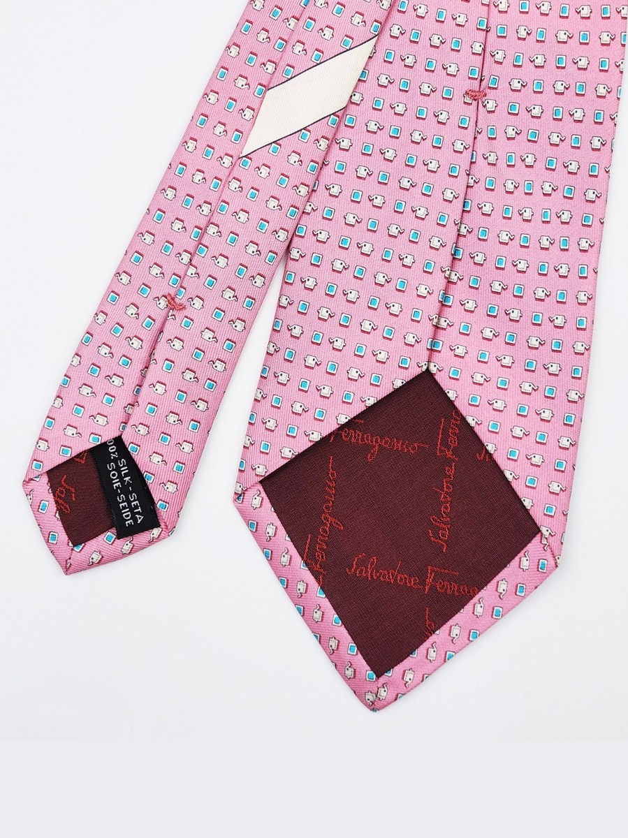 Salvatore Ferragamo Tie Geometric Elephant Print Silk Pink Necktie