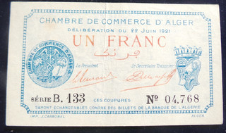 Algerien A/UNC 1 Franc Handelskammer Schein 1921. Serie # B.133. 04.768