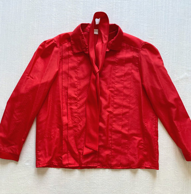 Vintage 80s Red Satin Pleated Button Up Dress Shirt w/ Matching Ascot   49 Chest