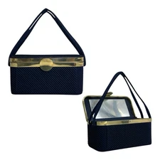Vintage 40s 50s S Ribbed Box Bag Clutch Handbag Mirror Structured Hardbody NAVY