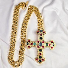 VTG Michaela Von Habsburg Imperial Cross Pendant Necklace 30" Gold Tone NWT