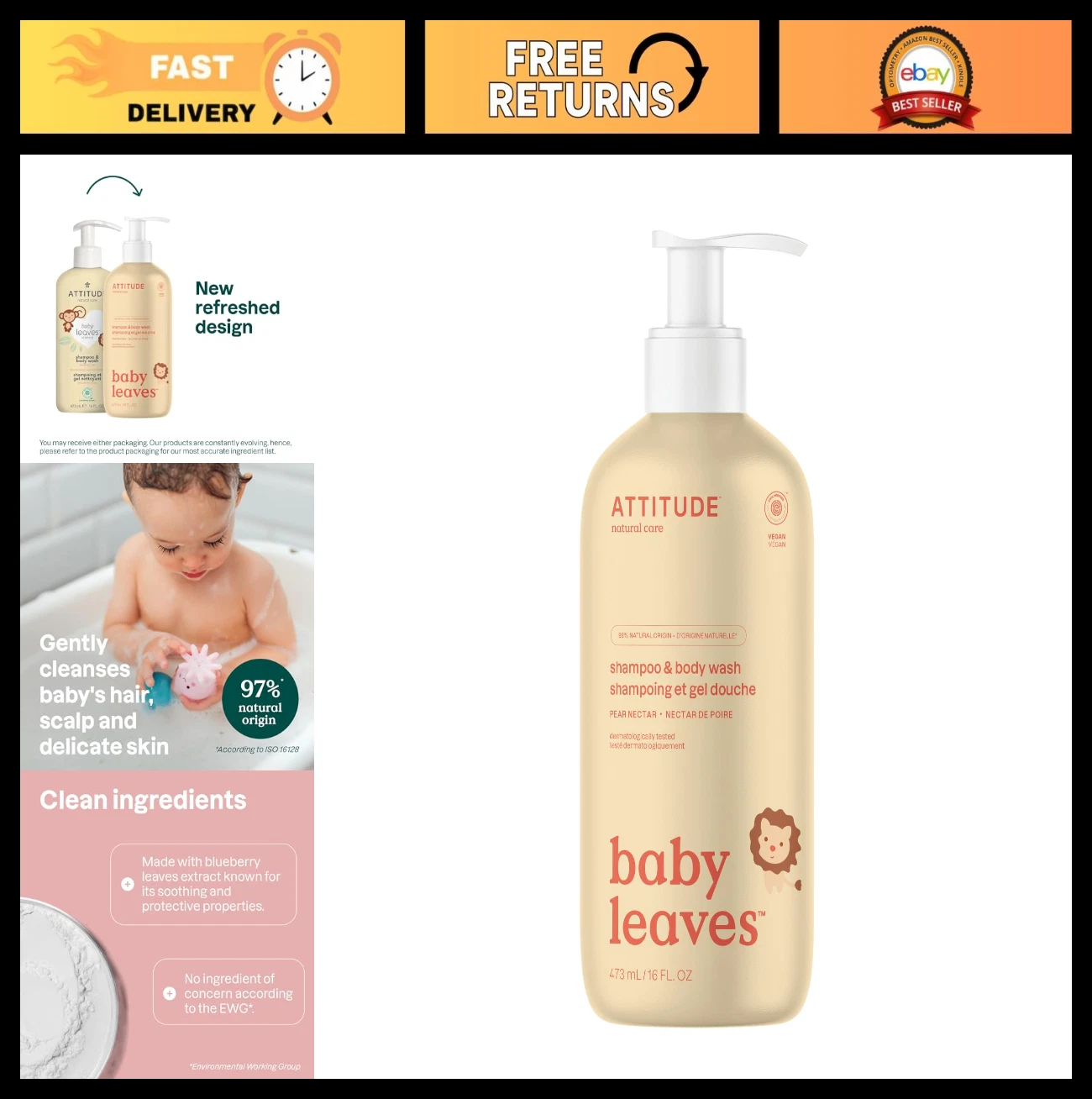 2-in-1 Baby Shampoo & Body Wash, EWG Verified, Vegan, Pear Nectar, 16 Fl Oz