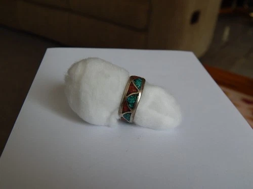 Vintage Native American Navajo S Silver Ring Turquoise & Coral Chips Size 6.5