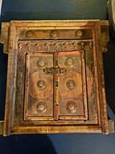  Hand Carved, Hand Painted Antique  Indian Wood Door Window 