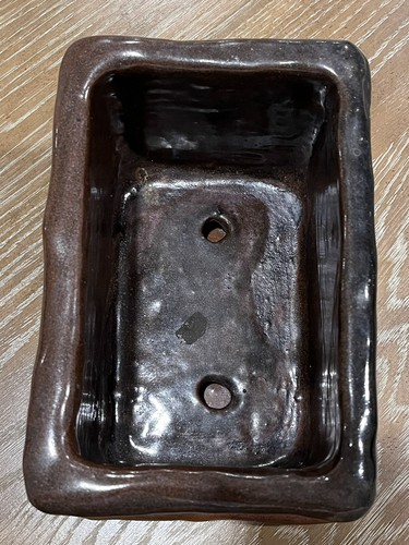 Art Pottery Bonsai Pot Planter Drip Glazed Brown Black With Saucer Brutalist - Picture 13 of 23