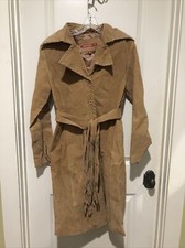 Vintage Jennifer J Tan Leather Long Coat Jacket Women's Large Fringe Belted