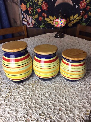 Pfaltzgraff Hand Painted Sedona Canister Set Stoneware Jars With Wooden  Lids