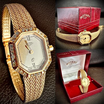 Rare Ladies 24K Gold Plated Diamanté Swiss Rotary Wrist Watch In - Main Image