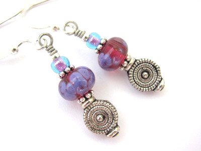 Lampwork Earrings Fuchsia Blue Antiqued Silver Plated Ren Faire Romantic Gift