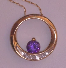 10K Yellow & White Gold Amethyst W/Diamond Accents Open Circle Pendant Necklace