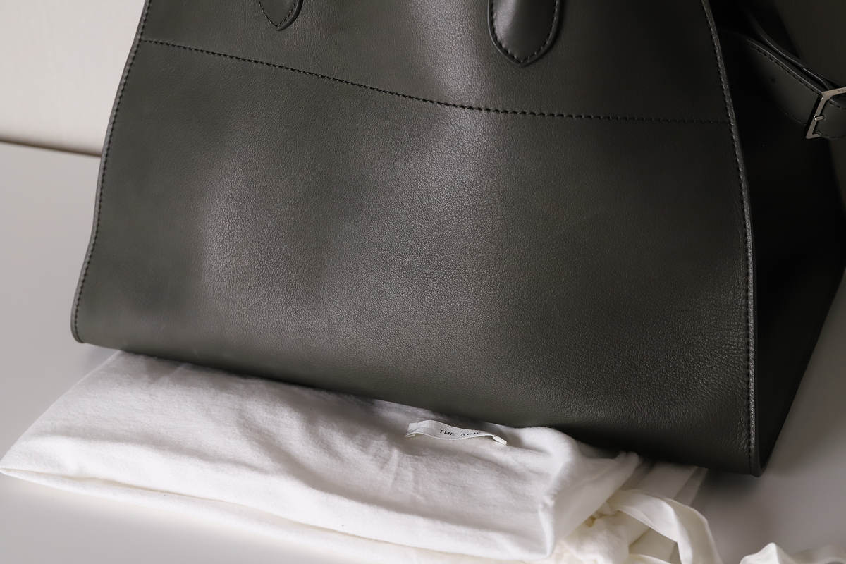 The Row Margaux 15 Bag Polished Saddle Calfskin Leather Koala Grey