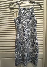 GUESS Floral Geometric Sheath Dress Halter Lace-Up White Navy Sleeveless Size 4