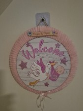 Welcome Baby Girl Round Hanging Wood Door Decor Sign Pink Stars Nursery
