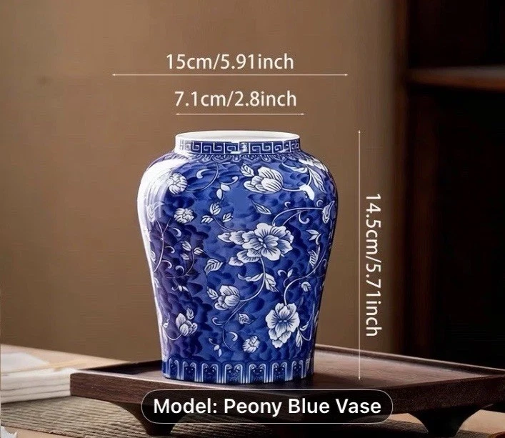 Vase Rustic Ceramic Blue White Peony Daisy Country Cottage Home Accent Decor