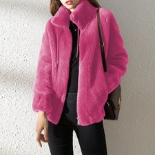 Women Fleece Lined Cardigan Zipper Stand Collar Winter Coat Warm Jacket Outerwea