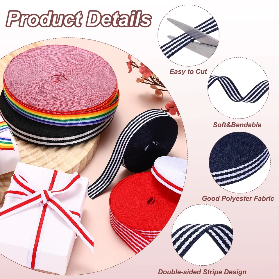 3/8"Navy and White Striped Grosgrain Ribbon, 10 Yard Polyester Stripe Ribbon - Image 3 of 4