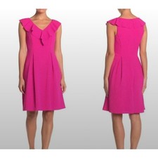 Eliza J Bright Pink Ruffle Fit & Flare Pleated Flowy Dress Barbiecore Cocktail 