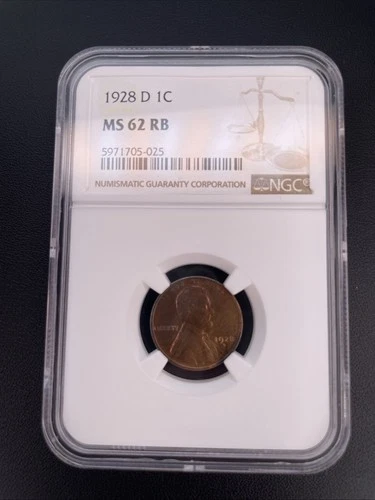 1928d Lincoln Cent, NGC graded MS 62 RB