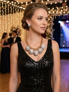 Fun Women Fashion Jewelry Gold Metal Chain Necklace 5 Disco Ball Pendant Charms