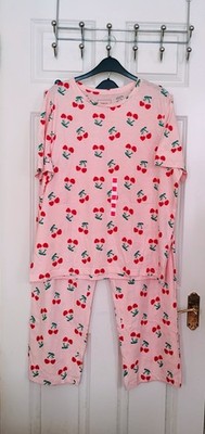 Matalan Be Beau Cherry Wide Pyjama Set 2 pieces Pink/Red Cotton UK Size L/14 New